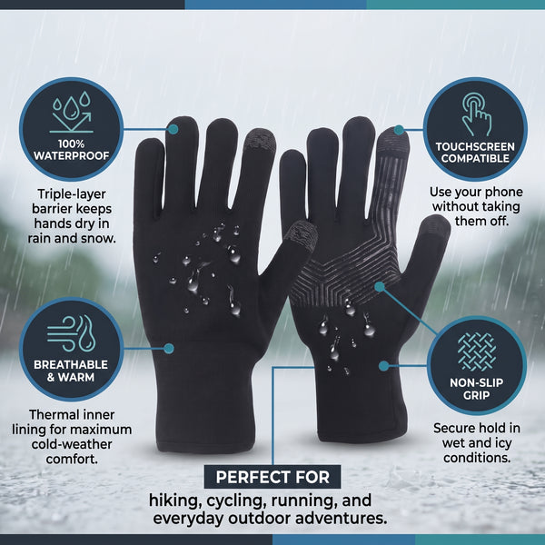 HEMY waterproof gloves features: triple-layer waterproof barrier, touchscreen compatible, breathable and warm, non-slip grip